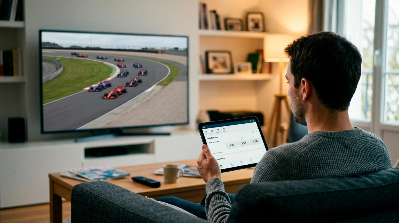 Parieur suivant une course de Formule 1 en direct sur écran avec cotes en temps réel