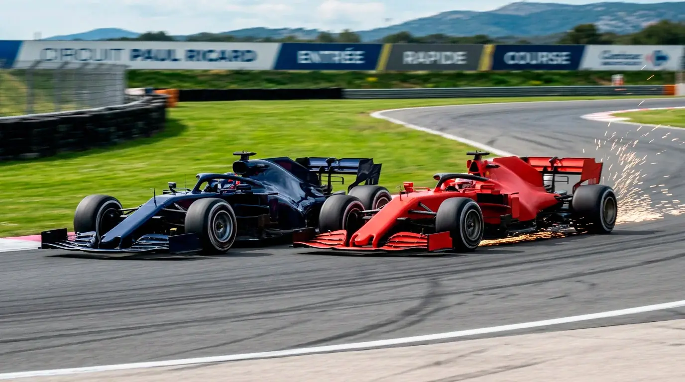 Deux monoplaces de Formule 1 en duel roue à roue sur un circuit